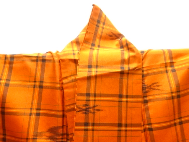  格子に絣柄織り出し米沢紬着物・道行コートアンサンブル